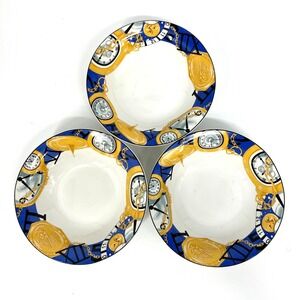 Set of 3 Furio Salad Soup Bowls Timepiece Clocks Pattern Yellow Blue 8" Vintage‎
